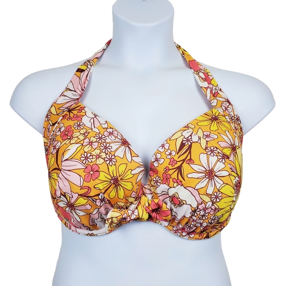 Adore Me Yellow Floral Print Shelby Halter Neck Bikini Swimsuit Top Size 42G - Picture 1 of 5